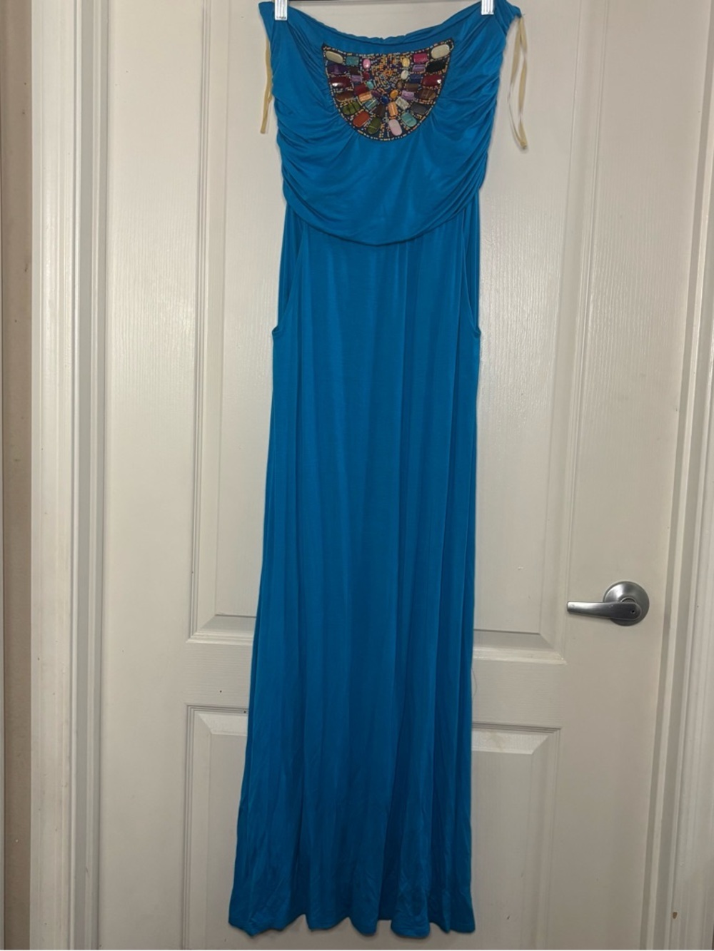 Beaded Yoke Turquoise Maxi Dress